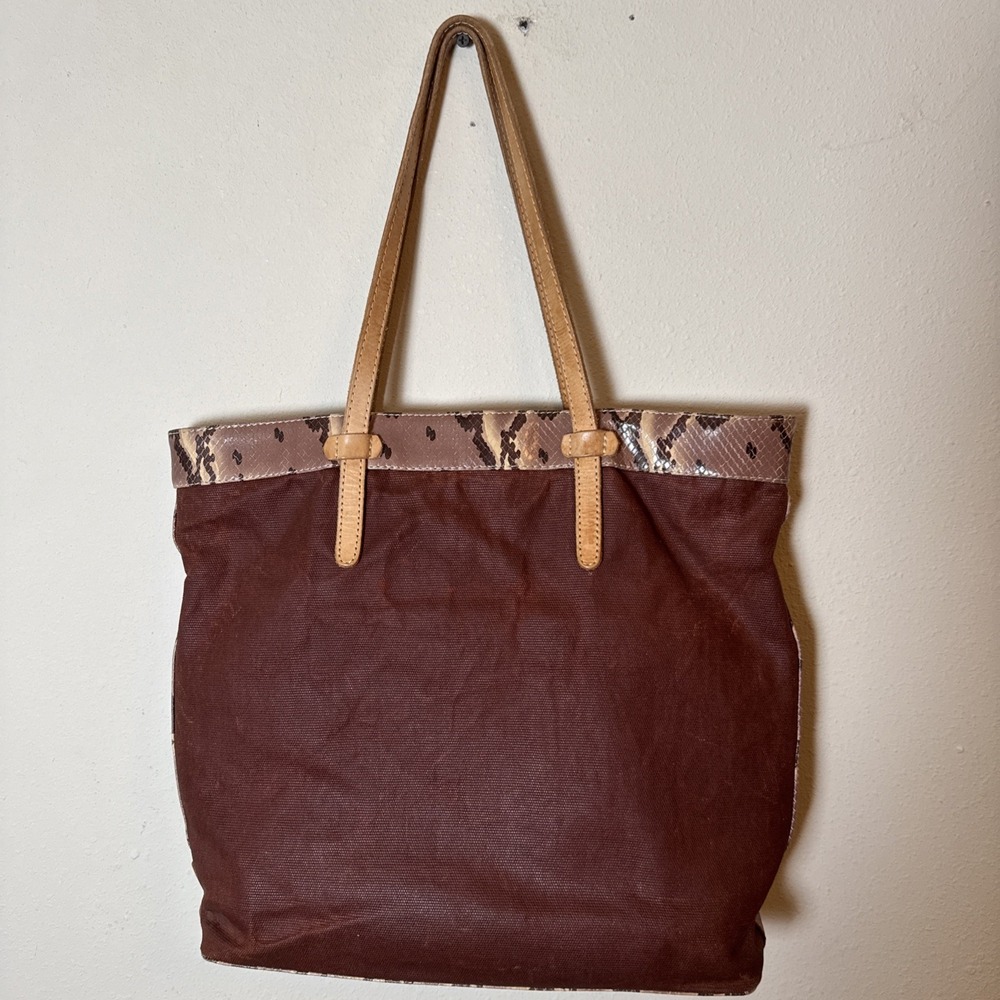 Consuela Tote Bag Brown Canvas Snake Print Trim Glitter Liner Shoulder Purse